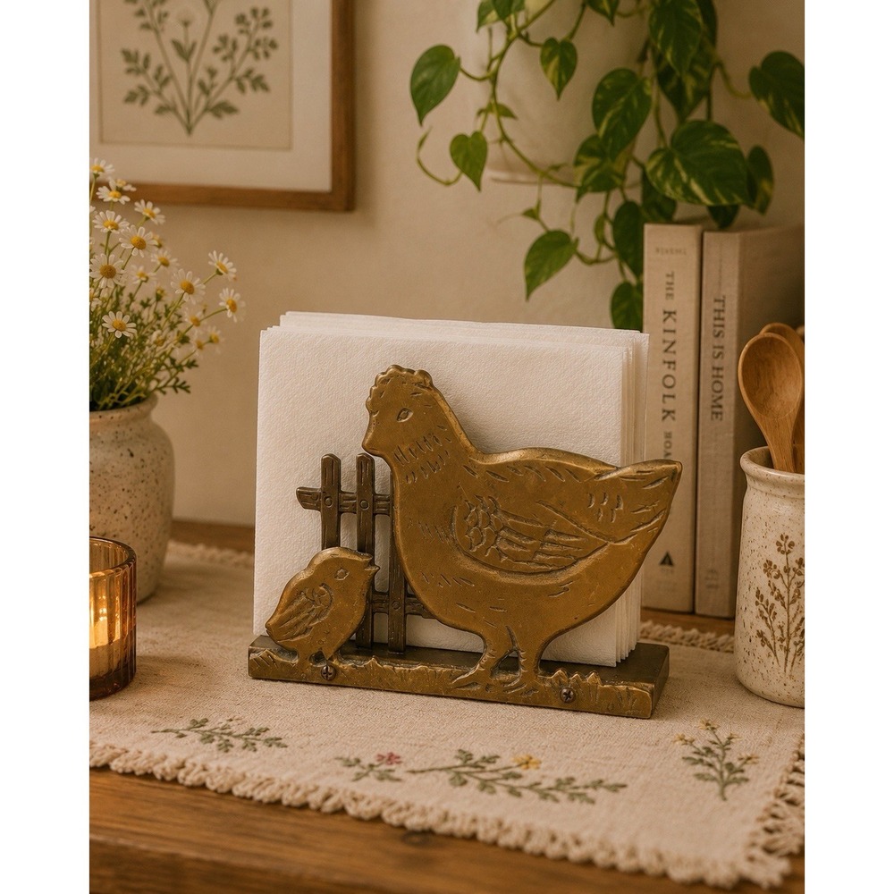 Vintage Brass Chicken Hen And Chick Napkin/Letter Mail Holder